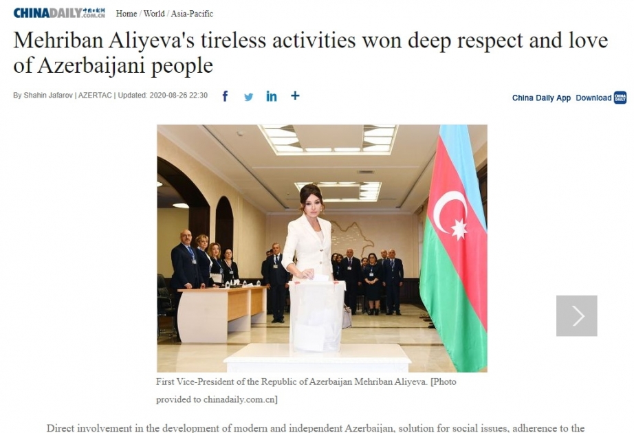 “China Daily”: Mehriban Əliyevanın yorulmaz fəaliyyəti Azərbaycan xalqının dərin hörmət və məhəbbətini qazanıb