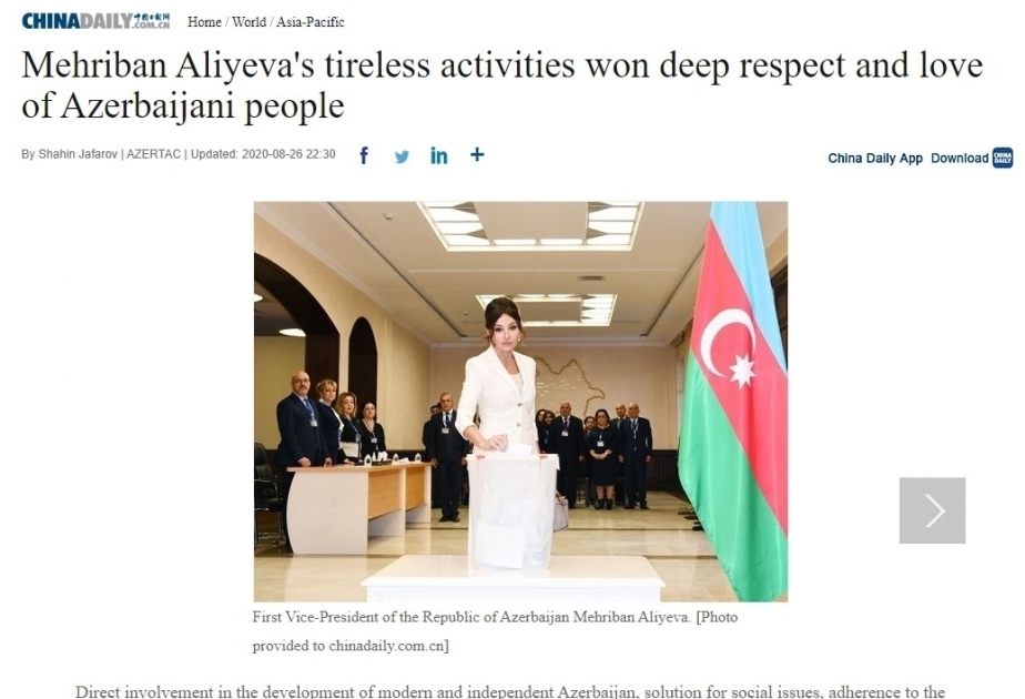 China Daily: Mehriban Aliyeva's tireless activities won deep respect and love of Azerbaijani people