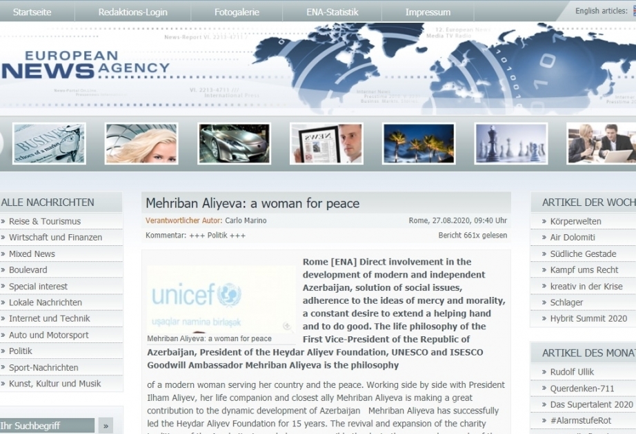 European News Agency publishes article about Azerbaijan’s First Vice-President Mehriban Aliyeva