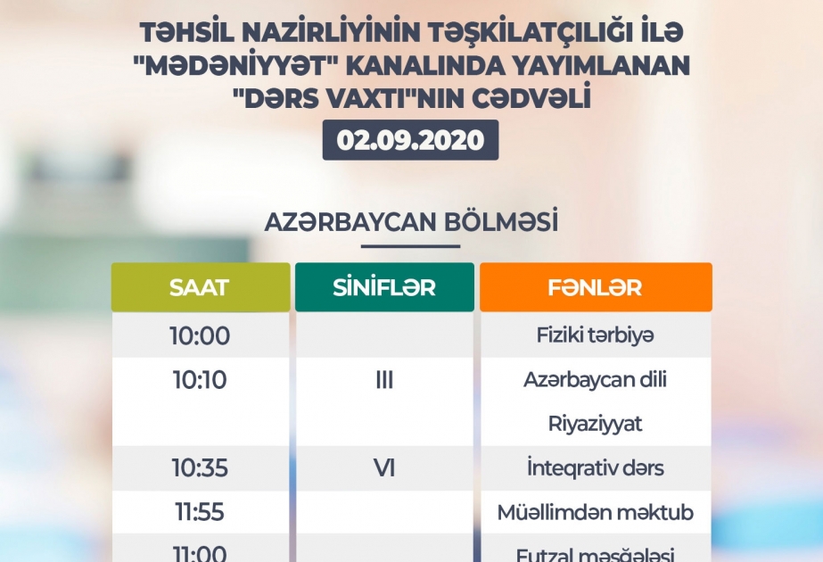 Sentyabrın 2-si üçün teledərslərin cədvəli açıqlanıb