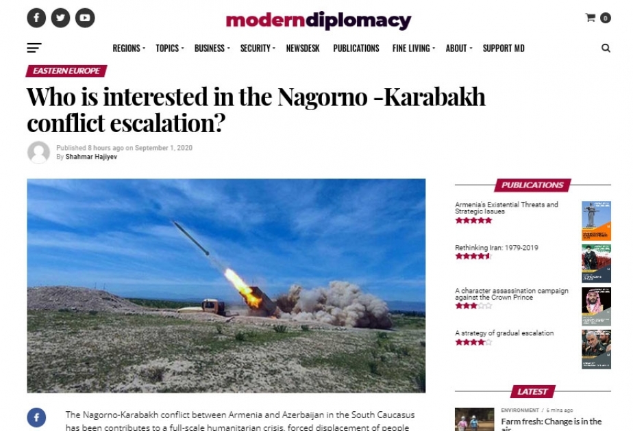 “Modern Diplomacy” portalı Ermənistan-Azərbaycan Dağlıq Qarabağ münaqişəsindən yazıb
