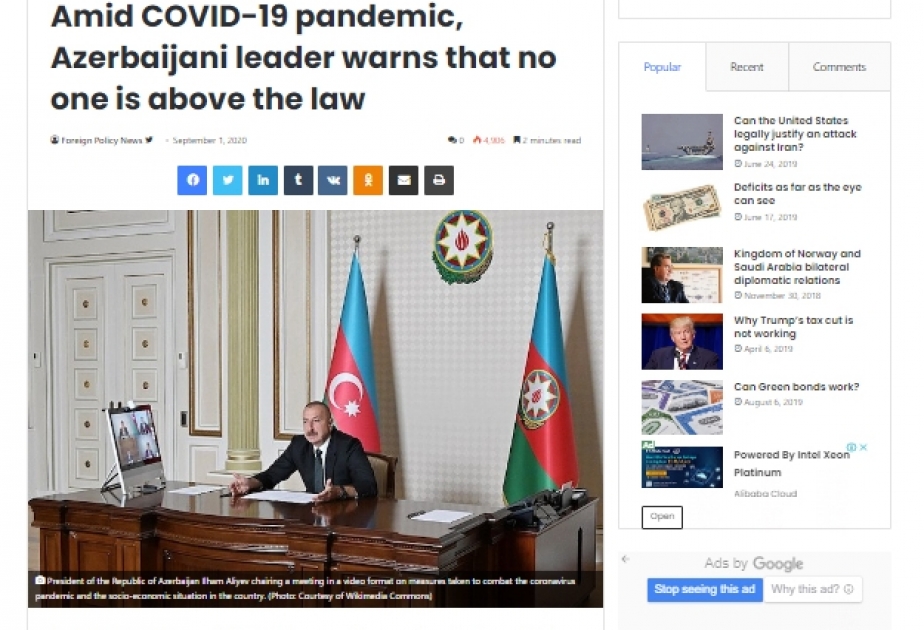 ABŞ-ın “Foreign Policy News” nəşri: Azərbaycan Prezidenti xəbərdarlıq edir ki, heç kəs qanundan üstün ola bilməz