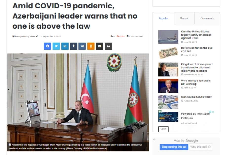 Американское издание Foreign Policy News: На фоне пандемии COVID-19 азербайджанский лидер предупреждает, что никто не может быть выше закона