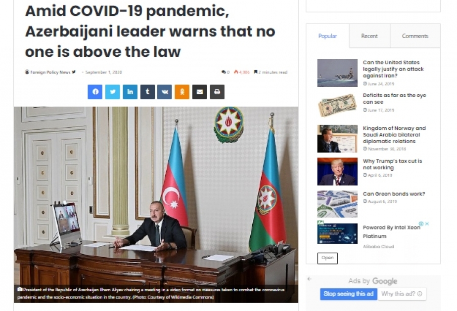 Foreign Policy News: Amid COVID-19 pandemic, Azerbaijani leader warns that no one is above the law