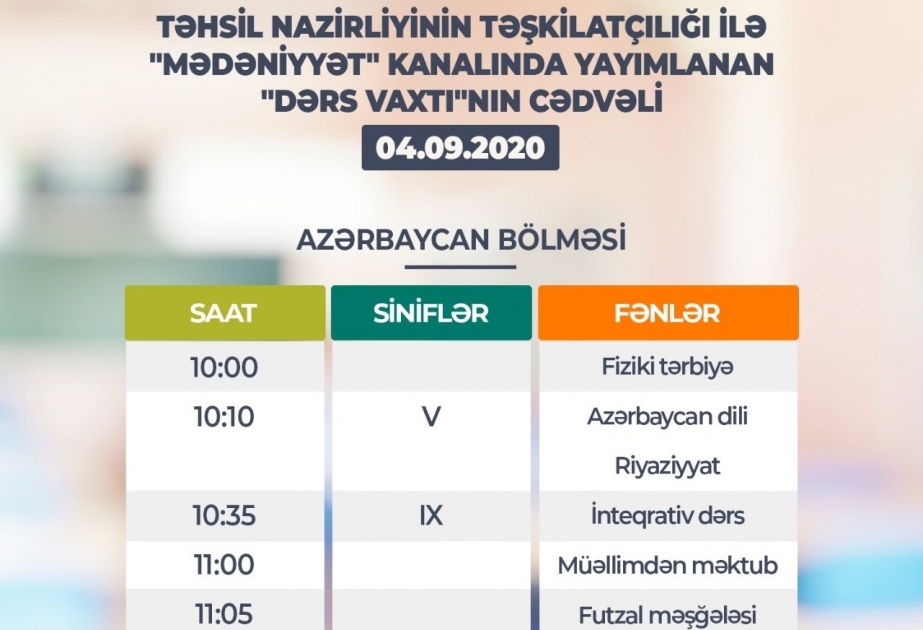 Növbəti teledərslərin cədvəli açıqlanıb
