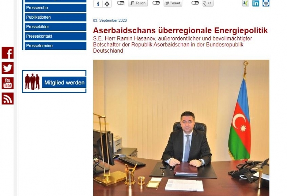 Xristian Demokratlar İttifaqının İqtisadi Şurasının saytında Azərbaycanın enerji siyasətinə dair məqalə dərc olunub