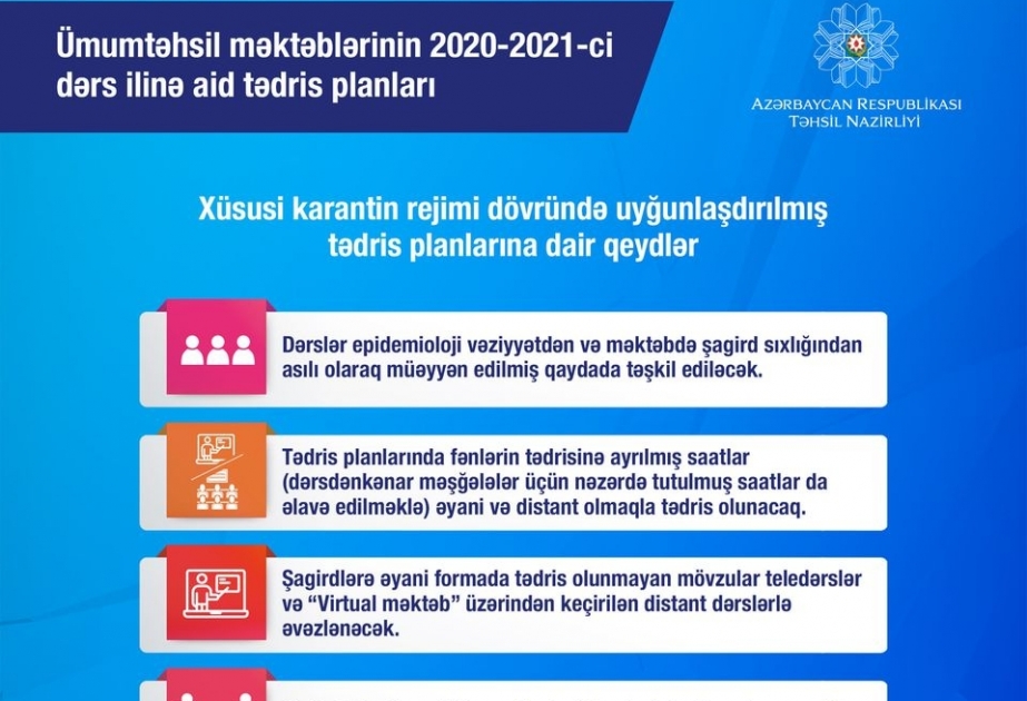 Dərslər epidemioloji vəziyyətdən və şagird sıxlığından asılı olaraq müəyyən edilmiş qaydada təşkil olunacaq