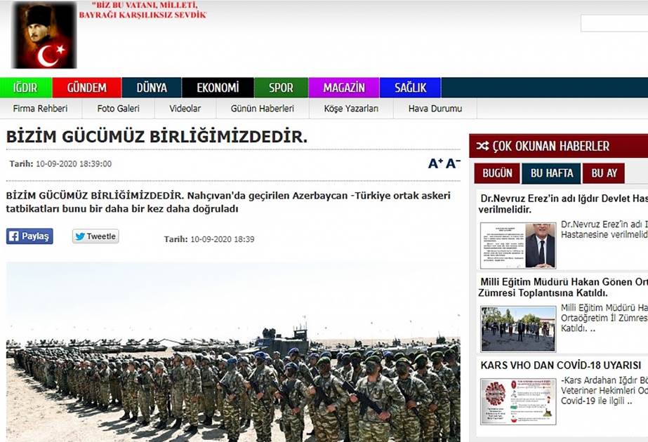 Türkiyə saytında “Bizim gücümüz birliyimizdədir” sərlövhəli məqalə yerləşdirilib