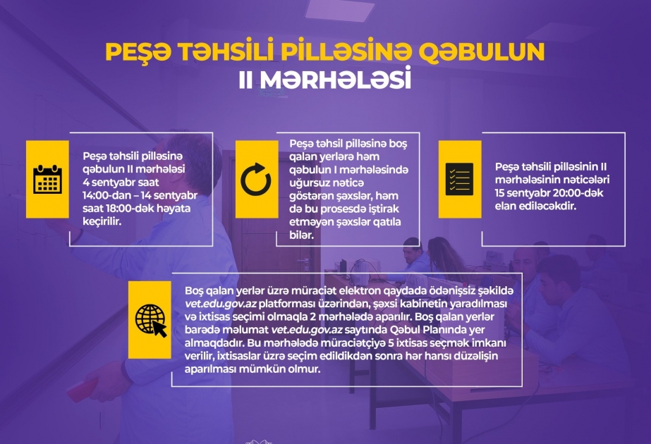 Peşə təhsil pilləsi üzrə elektron tələbə qəbulunun II mərhələsi davam edir