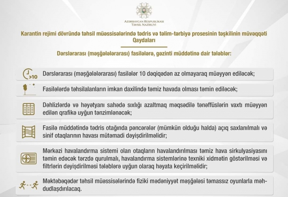 Təhsil müəssisələrində dərslərarası fasilələrə, gəzinti müddətinə dair tələblər müəyyənləşdirilib