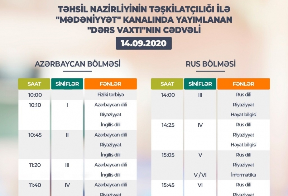 Sentyabrın 14-ü üçün teledərslərin cədvəli açıqlanıb