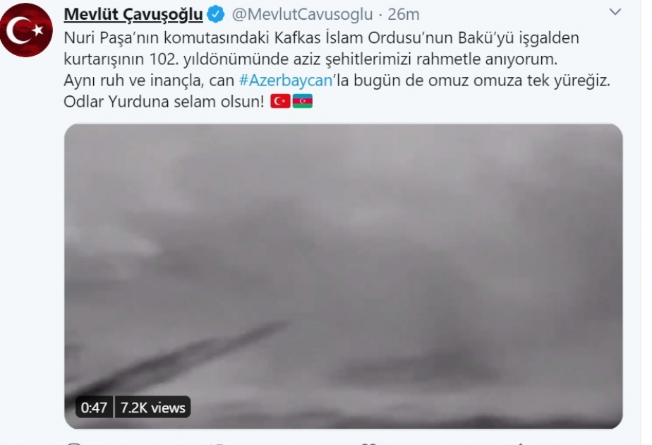 Mövlud Çavuşoğlu: Azərbaycanla bu gün də çiyin-çiyinə, tək ürəyik VİDEO ​