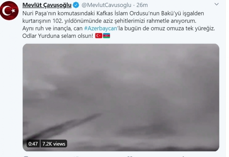 Мевлют Чавушоглу: Мы и сегодня плечом к плечу с Азербайджаном, мы одно сердце