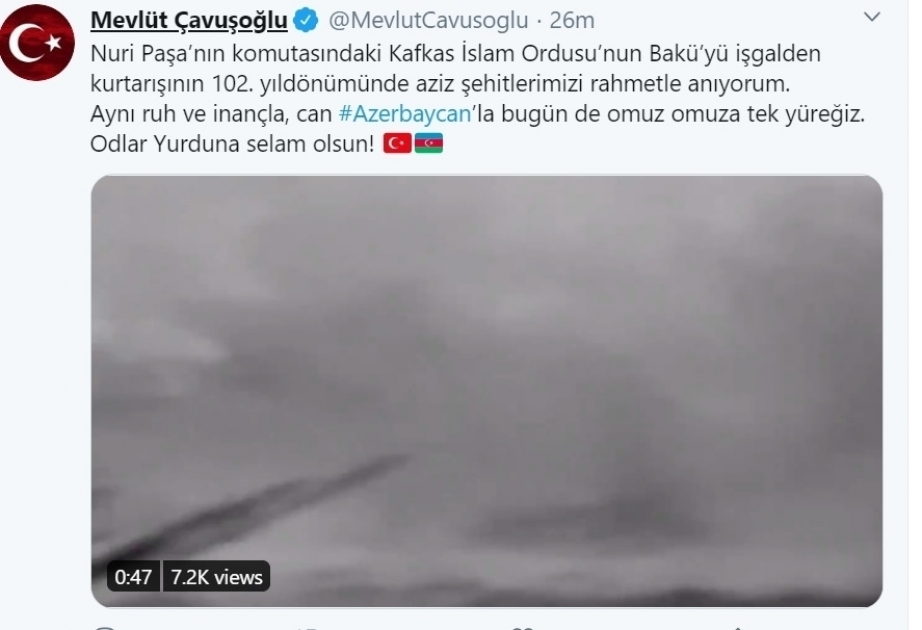 Mövlud Çavuşoğlu compartió una publicación con motivo del 102 aniversario de la liberación de Bakú
