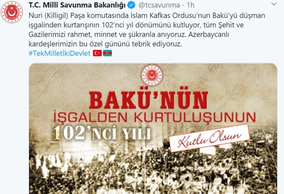Türkiyənin Milli Müdafiə Nazirliyi Bakının düşməndən azad olunması münasibətilə paylaşım edib