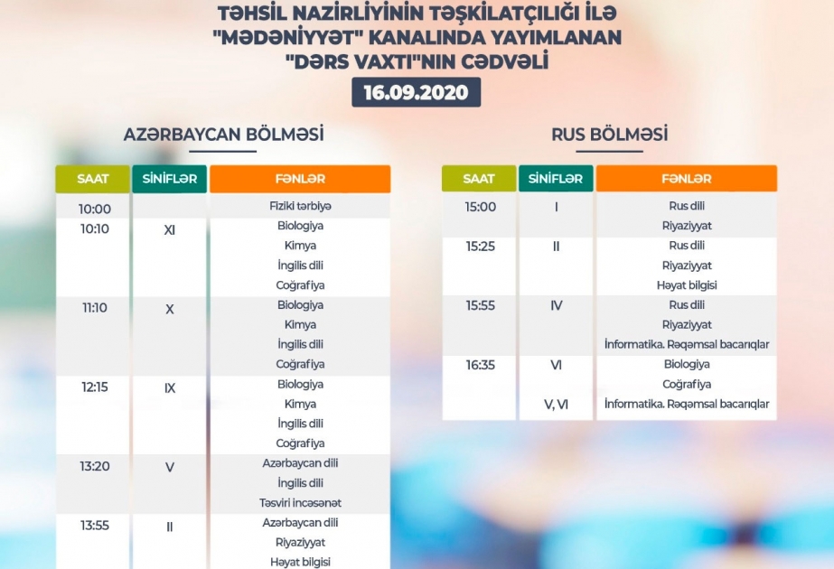 Sentyabrın 16-sı üçün teledərslərin cədvəli açıqlanıb