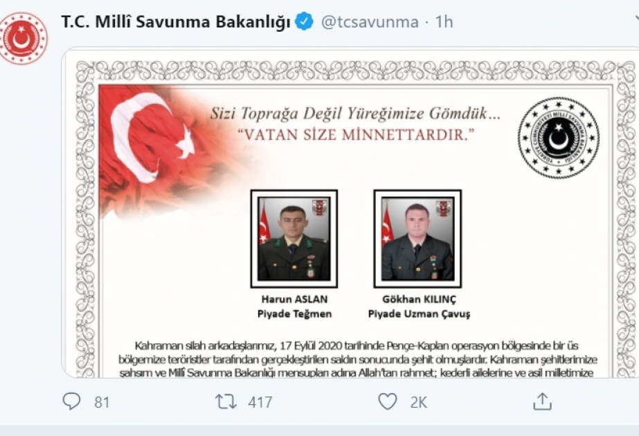 Türkiyə ordusunun iki hərbçisi İraqın şimalında şəhid olub