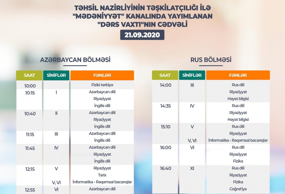 Sentyabrın 21-i üçün teledərslərin cədvəli açıqlanıb