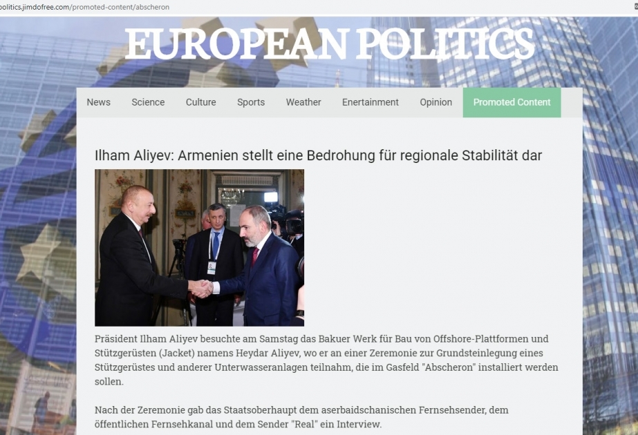 “EU Politics” Azərbaycan Prezidenti İlham Əliyevin yerli KİV-lərə müsahibəsindən sitatlar verib
