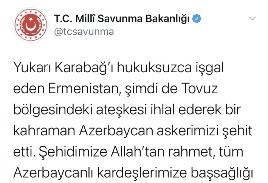 Türkiyənin Milli Müdafiə Nazirliyi: Ermənistan atəşlə oynamağı dərhal dayandırmalıdır