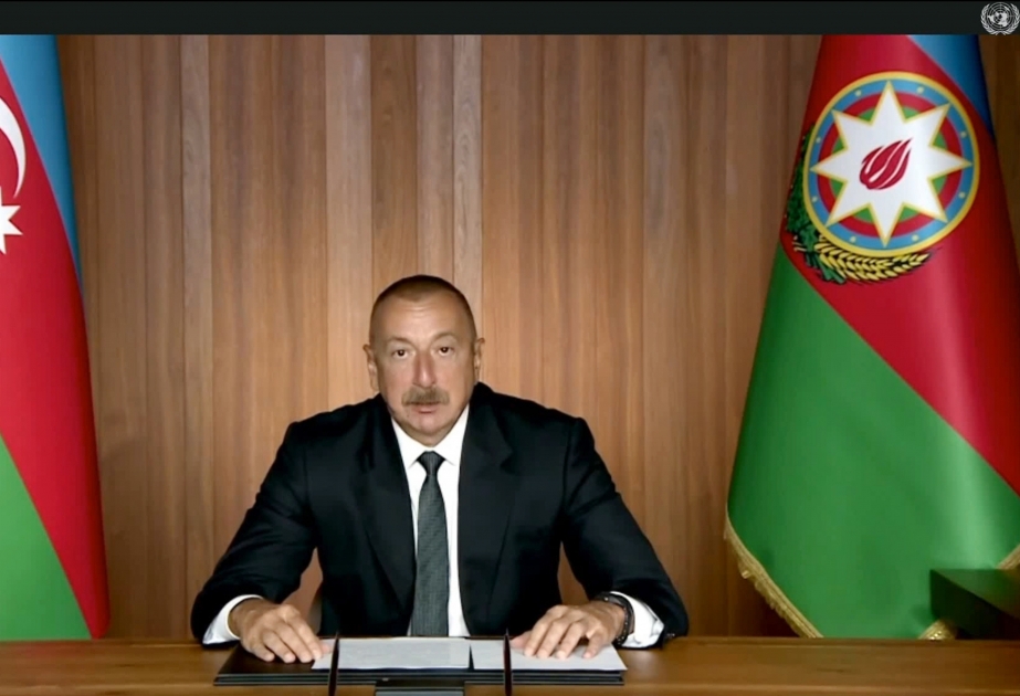 Une réunion de haut niveau consacrée au 75e anniversaire de l'ONU se tient en marge de la 75e session de l'Assemblée générale de l'ONU  Ilham Aliyev, président azerbaïdjanais et président du MNA, a pris la parole par visioconférence lors de la réunion VIDEO