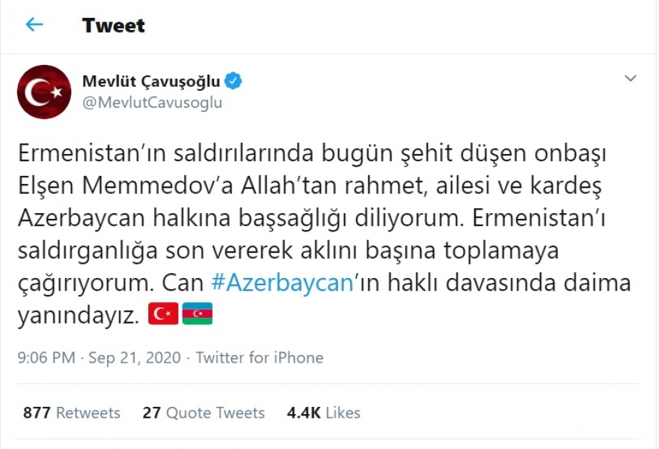 Mövlud Çavuşoğlu: Azərbaycanın haqlı mübarizəsində daim yanındayıq