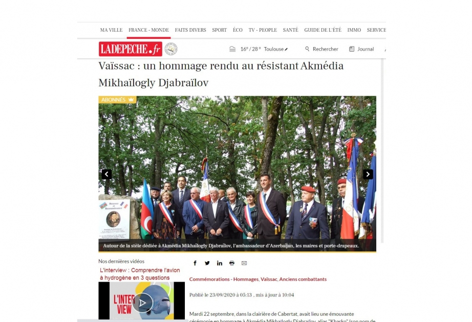 “La Depeche” portalı Fransada Əhmədiyyə Cəbrayılovun 100 illiyinin qeyd edilməsindən yazıb
