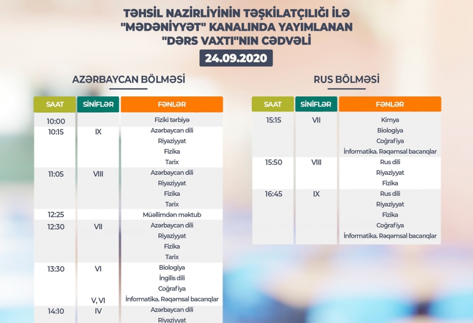 Sentyabrın 24-ü üçün teledərslərin cədvəli