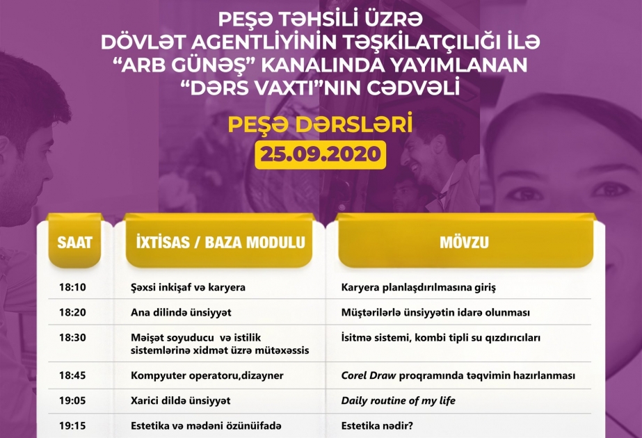 Peşə təhsili üzrə “Dərs vaxtı” proqramının sentyabrın 25-i üçün cədvəli müəyyənləşib