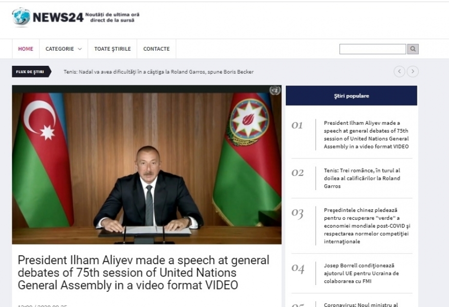 Румынский портал News24hours опубликовал выступление Президента Ильхама Алиева на общих дебатах 75-й сессии Генеральной ассамблеи ООН