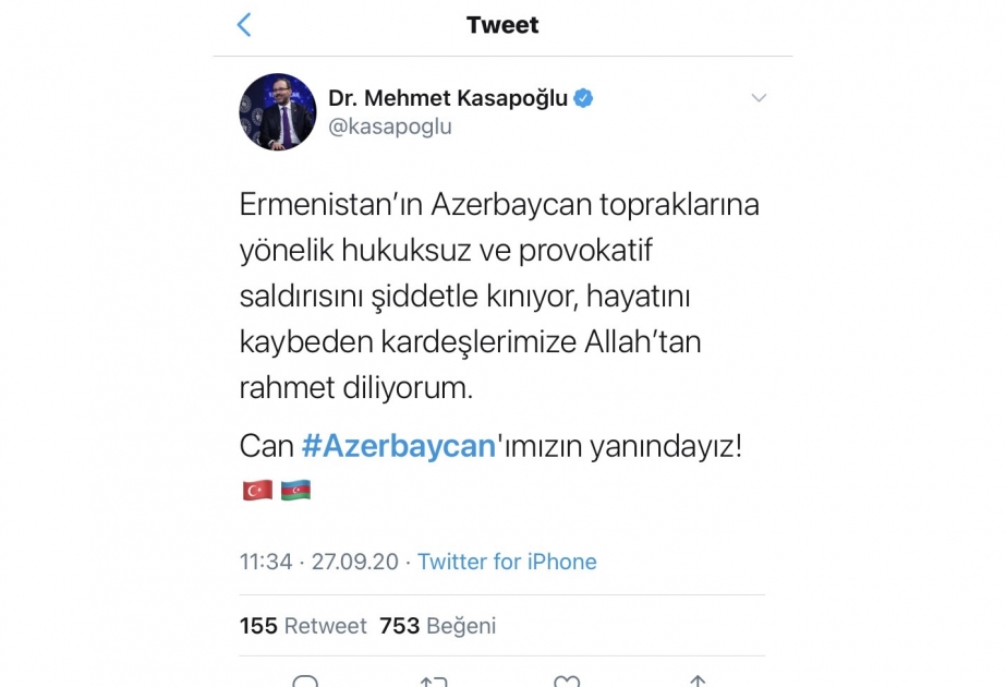 Türkiyənin Gənclik və İdman naziri: Can Azərbaycanımızın yanındayıq
