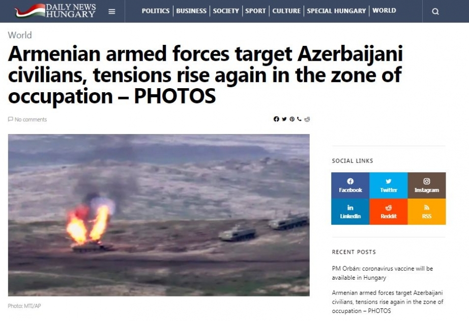 Венгерское издание сообщило об атаке ВС Армении против гражданских лиц и объектов в Азербайджане