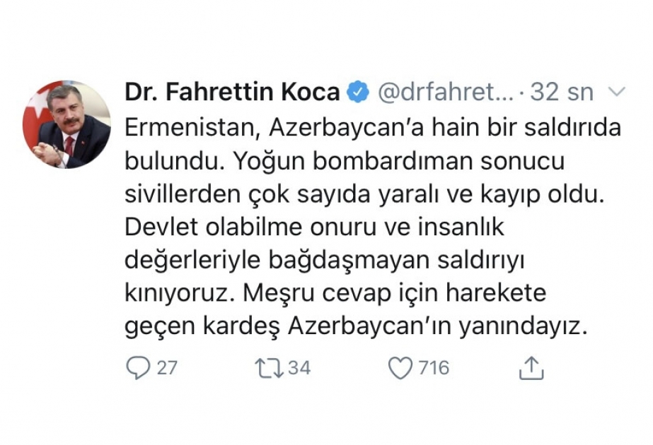 Türkiyənin Səhiyyə naziri: Qardaş Azərbaycanın yanındayıq