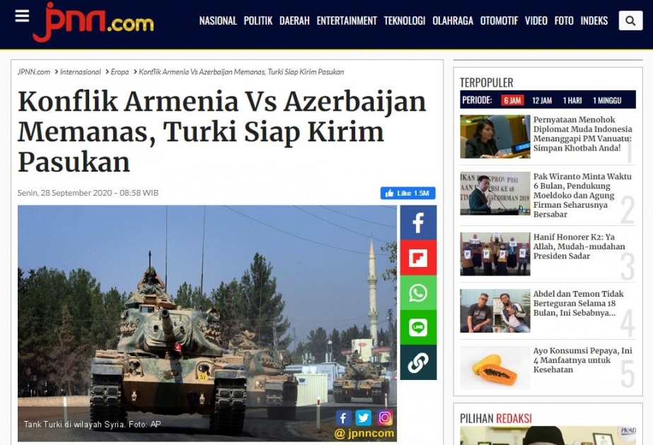 İndoneziya mətbuatında Ermənistanın Azərbaycana qarşı son hərbi təxribatı barədə məqalələr dərc olunub
