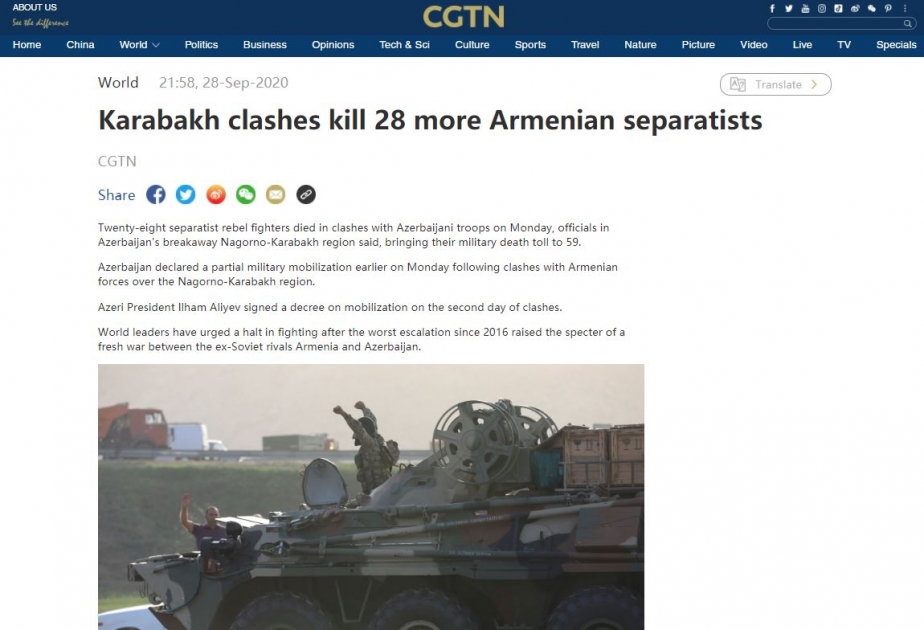 Çin Mərkəzi Televiziyasının CGTN kanalının saytında Ermənistanın hərbi təxribatlarından bəhs edən məqalə yayılıb