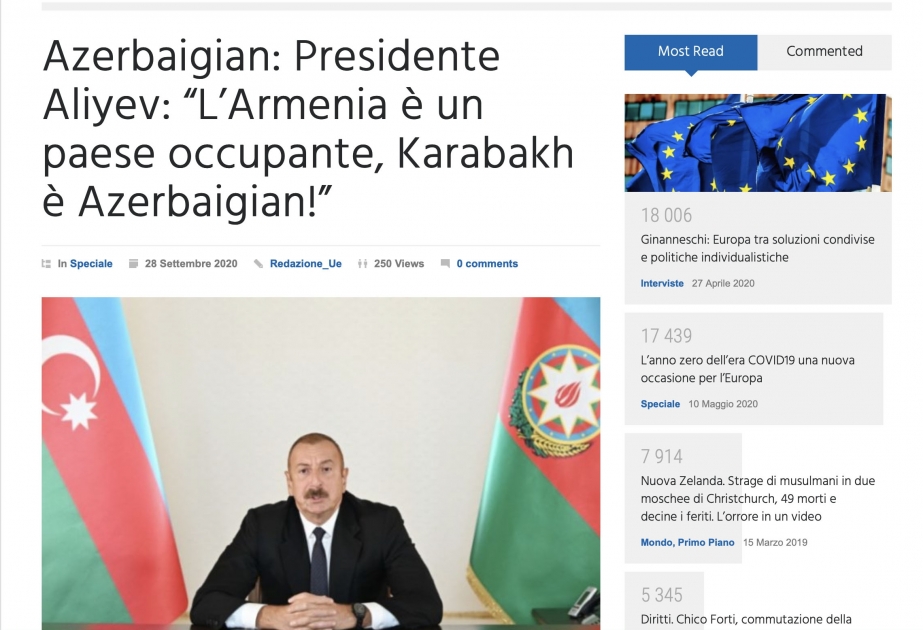 İtaliyanın kütləvi informasiya vasitələri Ermənistanın Azərbaycana qarşı son hərbi təcavüzündən yazırlar