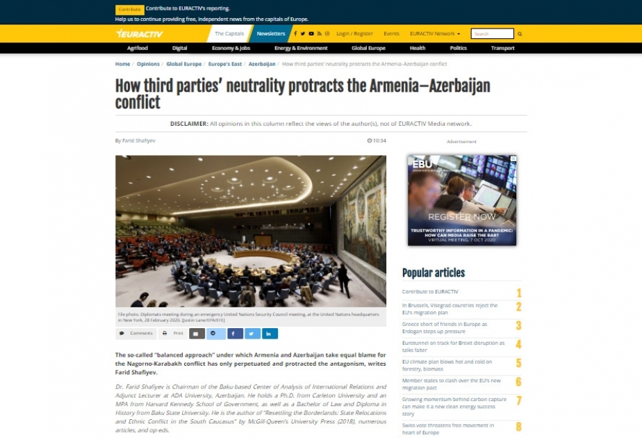 “Euractiv” portalı beynəlxalq ictimaiyyətin Ermənistan-Azərbaycan münaqişəsinə “balanslı yanaşma”sından yazıb