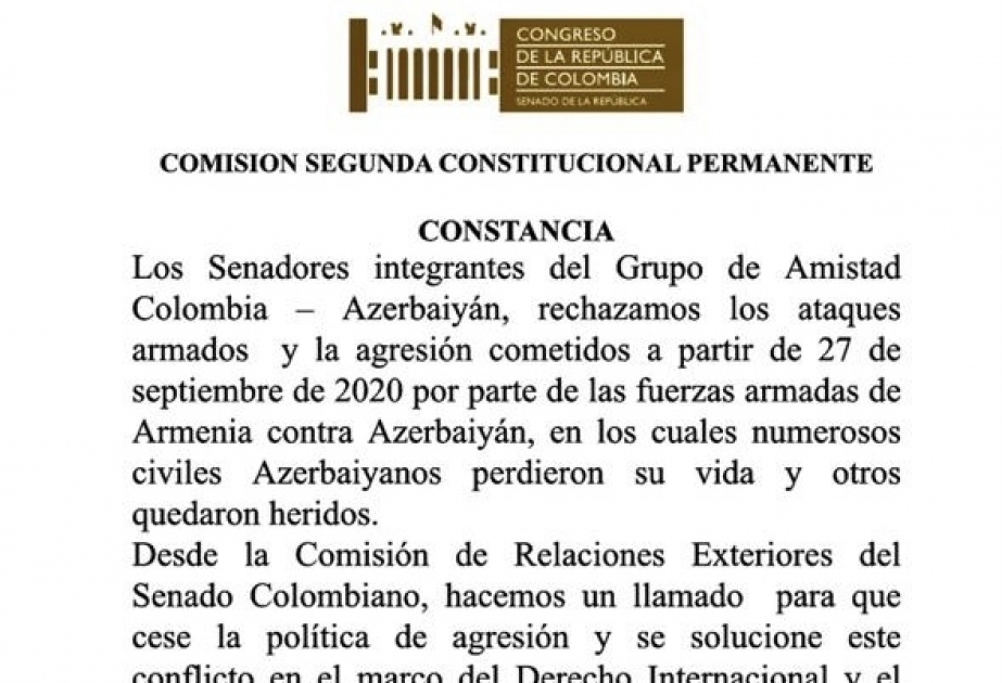 Kolumbiya Senatı Ermənistanın təcavüzünü pisləyib