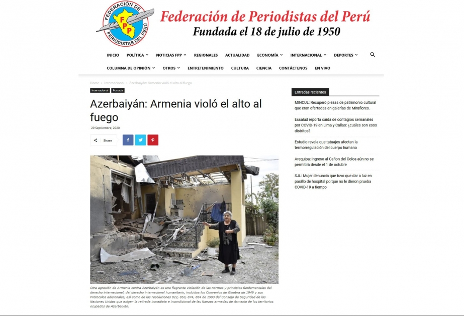 Perunun bir sıra nüfuzlu KİV-lərində Ermənistanın Azərbaycana qarşı son hərbi təcavüzünə dair məqalələr dərc olunub