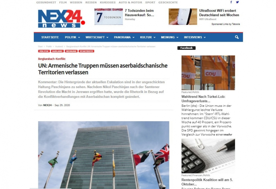 Almaniyanın “Nex24.news” portalında Ermənistanın Azərbaycana qarşı hərbi təcavüzündən bəhs edən məqalə dərc olunub