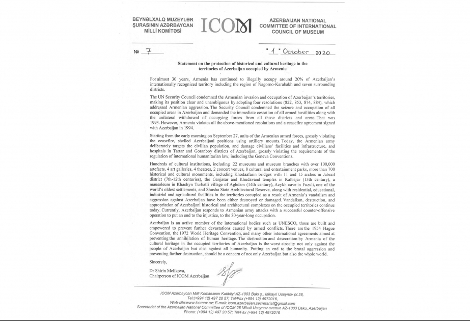 ICOM Azərbaycan Milli Komitəsi bəyanat yayıb