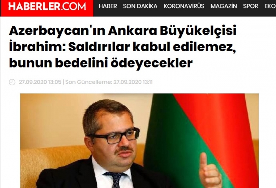 Türkiyə KİV-ləri Azərbaycan səfirinin Ermənistanın işğalçılıq siyasəti barədə fikirlərinə geniş yer veriblər