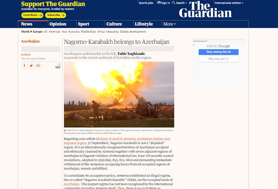 Böyük Britaniyanın “The Guardian” qəzeti Azərbaycan səfirinin cavab məktubunu dərc edib