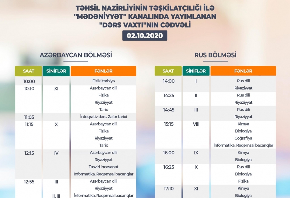 Oktyabrın 2-si üçün teledərslərin cədvəli müəyyənləşib