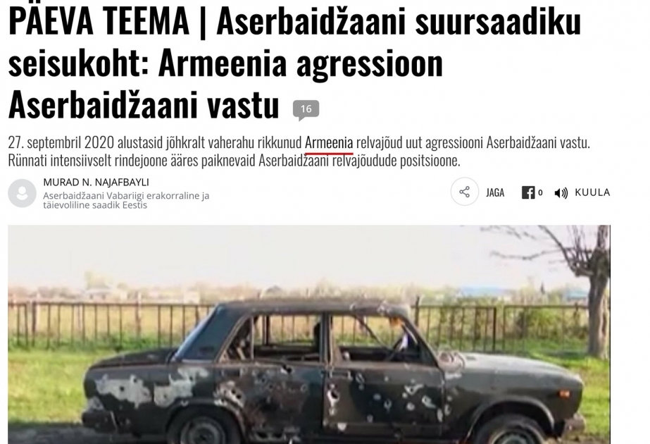 Estoniya portalında Ermənistanın Azərbaycana qarşı hərbi təcavüzü ilə bağlı məqalə dərc edilib