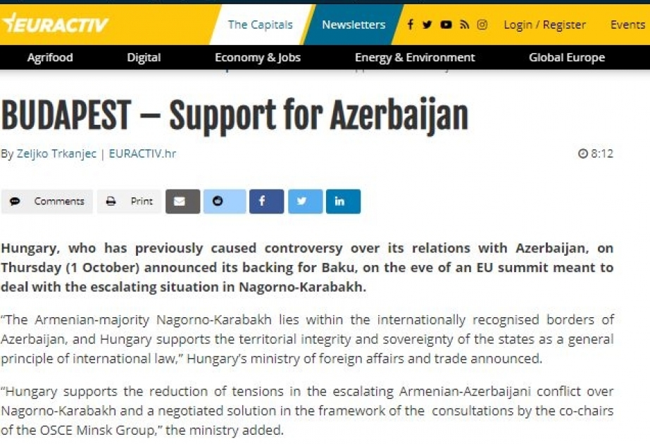 Euractiv: Венгрия поддержала Азербайджан