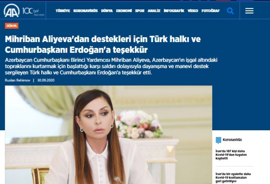 Mehriban Əliyevanın Qarabağla bağlı arzuları Türkiyə mediasında geniş işıqlandırılıb