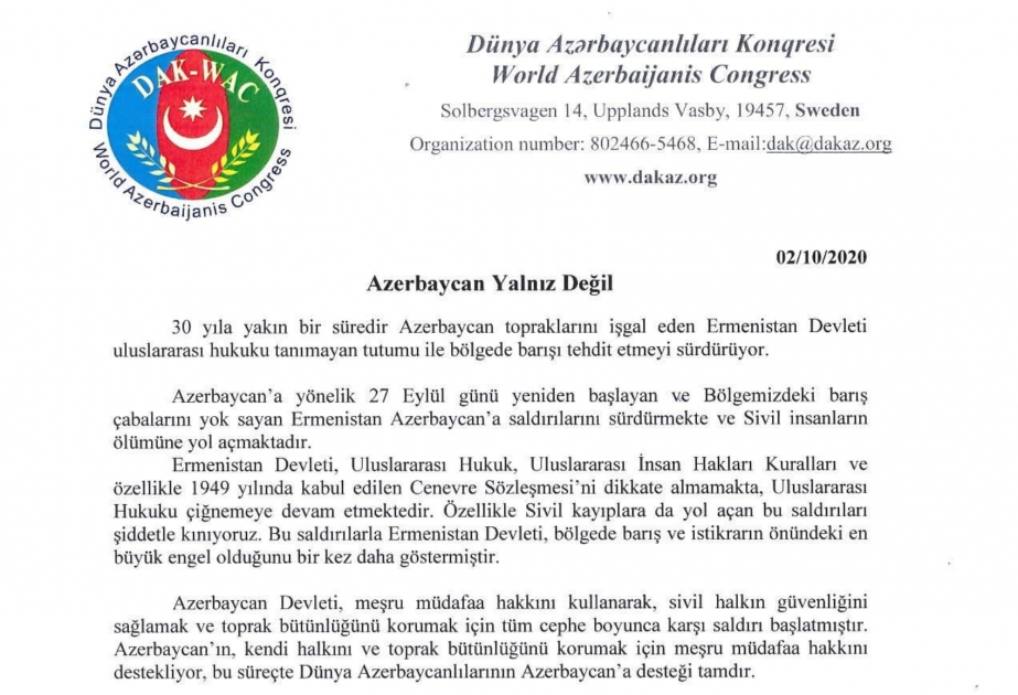 Dünya Azərbaycanlıları Konqresi Azərbaycanın haqlı mövqeyini dəstəkləyir