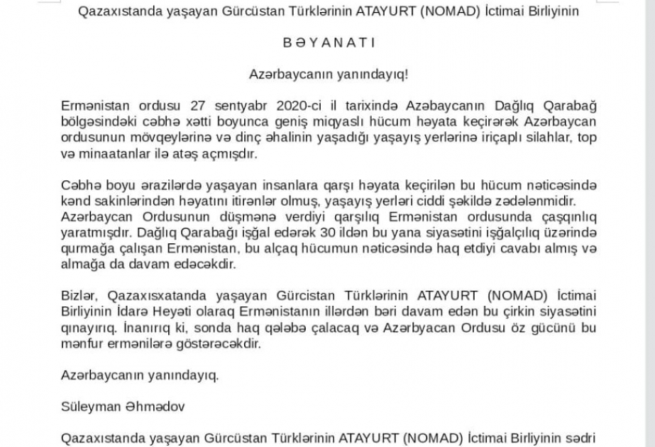 Qazaxıstanda fəaliyyət göstərən Azərbaycan diasporu Ermənistanın təxribatları ilə bağlı bəyanat yayıb