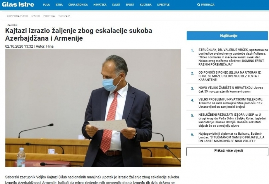 Veljko Kajtazi: Azərbaycanın ərazi bütövlüyünə hörmət göstərilməli, mülki şəxslərə qarşı hücumlar dərhal dayandırılmalıdır
